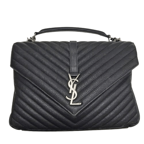 Yves Saint Laurent College Medium Satchel in Quilted Lambskin Leather – Black with Patina Silver Hardware (Includes Box & Dust Bag)