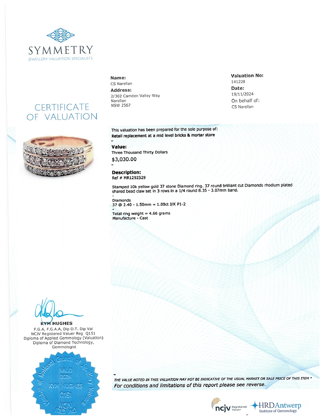 Ladies 10ct Yellow Gold 37 Stone Round Brillant Cut Diamond Ring TDW 1.00ct Size O With Valuation Certificate