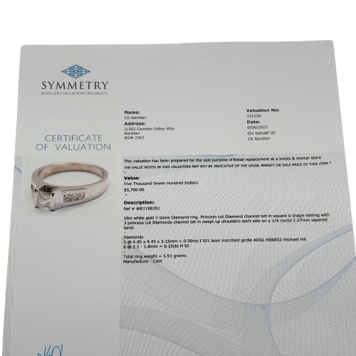 Ladies 18ct White Gold 7 Princess Cut Stone Diamond Ring O 7 1/2 With Valuation (WR 1198391)
