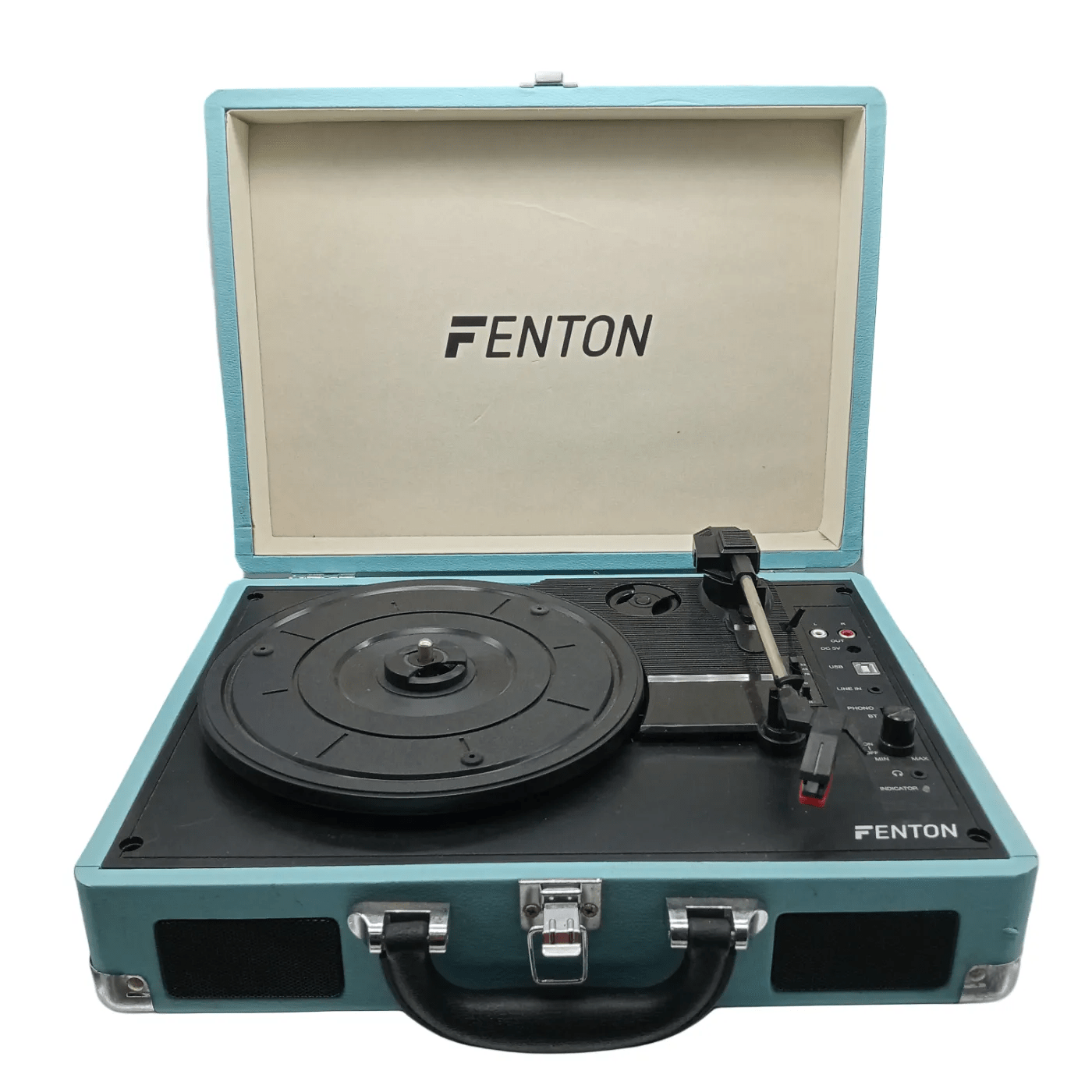 FENTON RECORD PLAYER RP115 BLUE/BLACK RECORD PLAYER BRIEFCASE +ADAPTER +USB    (WR 1340959)