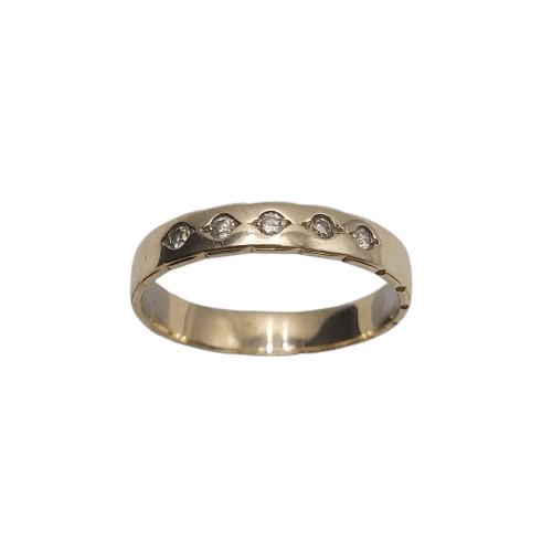 9ct Yellow Gold Round Ring – 2.8g – Clear Stones – Divot Set with Scalloped Edge – Size 9