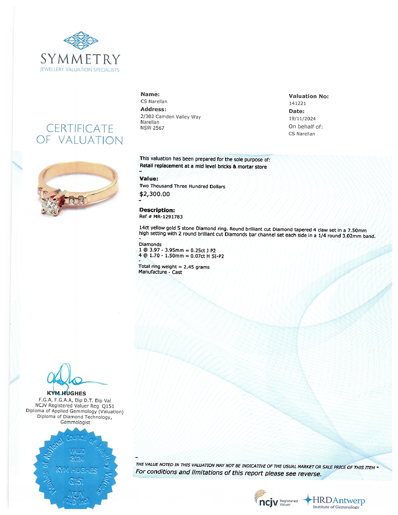 Ladies 14ct Yellow Gold 5 Stone Round Brilliant Cut Diamond Ring TDW 0.32ct Size M With Valuation Certificate