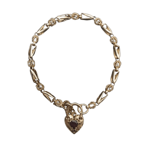 9ct Yellow Gold Fancy Belcher Bracelet – Filigree Heart Lock with Red Stone – 20cm Length – 6mm Wide – Safety Chain