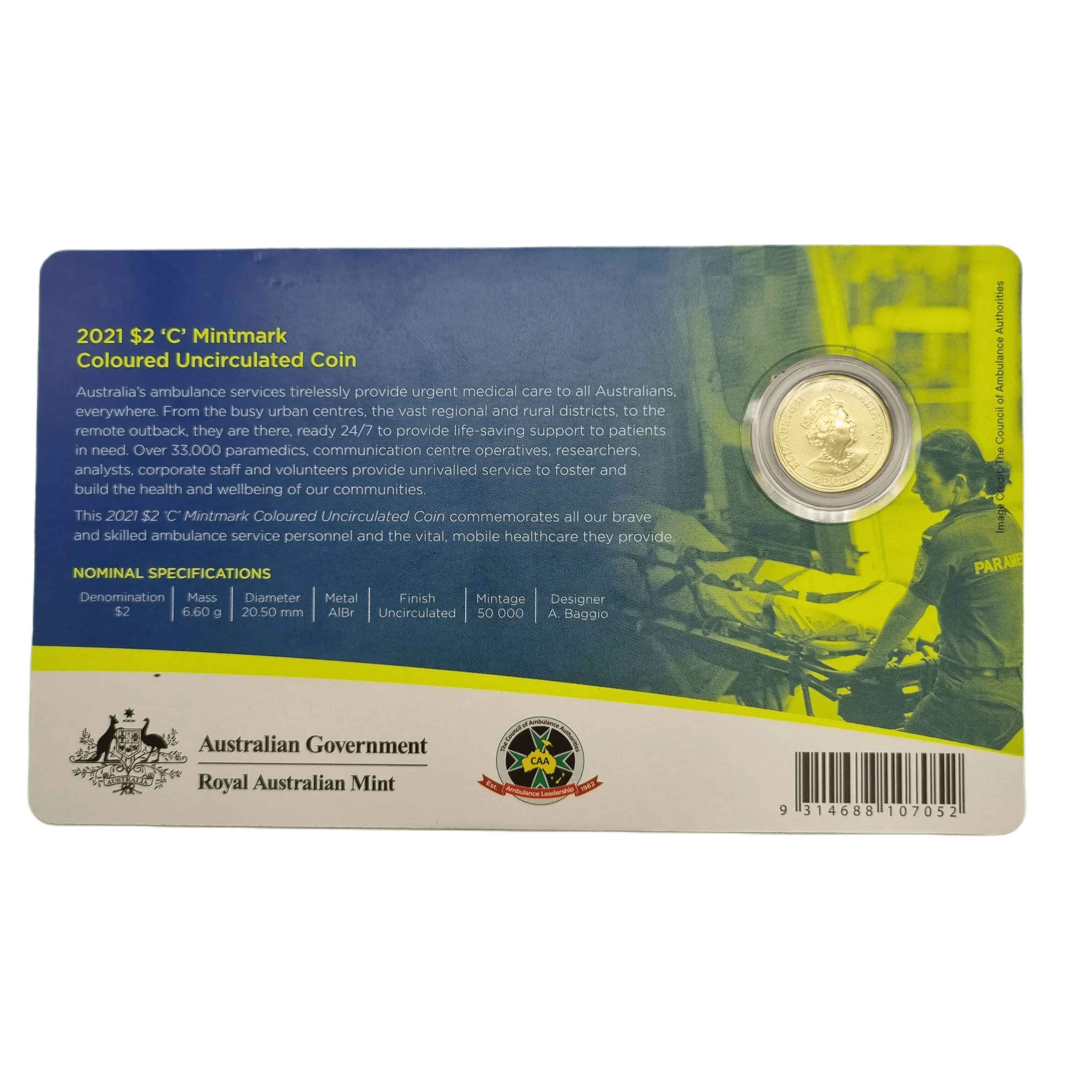 2021 Australian Ambulance Service $2 ‘C’ Mintmark Coloured Uncirculated Coin