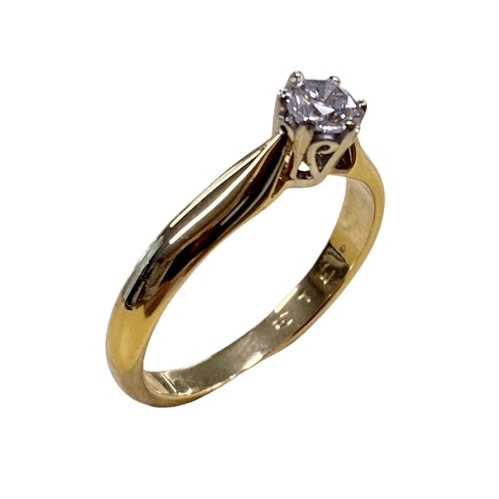 Ladies 18ct White & Yellow Gold Stone Diamond Ring. Single Round Brilliant Cut White Gold 6 Claw Set With Tapered Scroll Pierced Out Collet With Pointed Swept Up Shoulders. TDW 0.31ct. Size M/6.5, With Valuation Certificate (NG 99365)