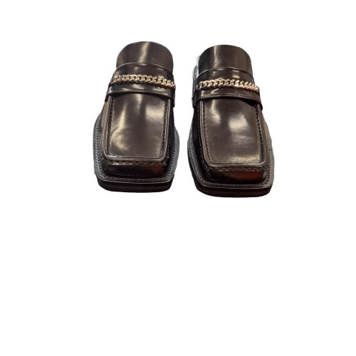 Martine Rose Square Toe Mule, Size 37, Black High Shine Leather, Silver Chain Accent, Excellent Condition With Box And Dustbag