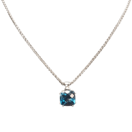 9ct White Gold Foxtail Necklace with London Blue Topaz Pendant