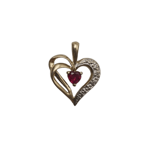 9ct Yellow Gold Heart Pendant – 1.33g – Red Heart Stone & 3x 0.01ct Clear Stones