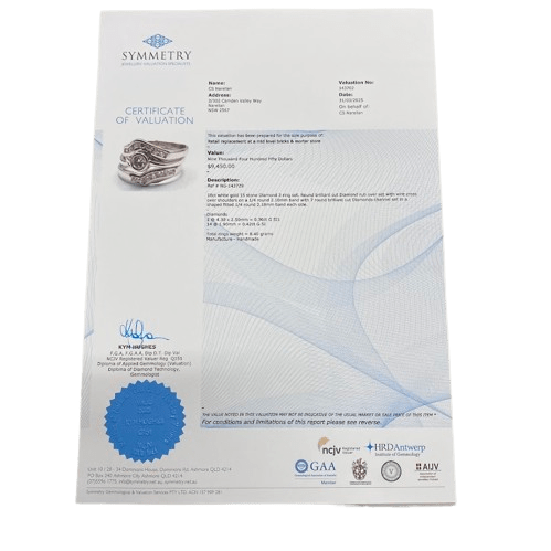 Ladies 18ct White Gold 3 Ring Set. Rub Over Set 0.30ct Round Brilliant Cut Diamond, With 7 Round Brilliant Cut Channel Set In Fitted Bands Each Side. TDW 0.72ct. Size O  With Valuation Certificate.