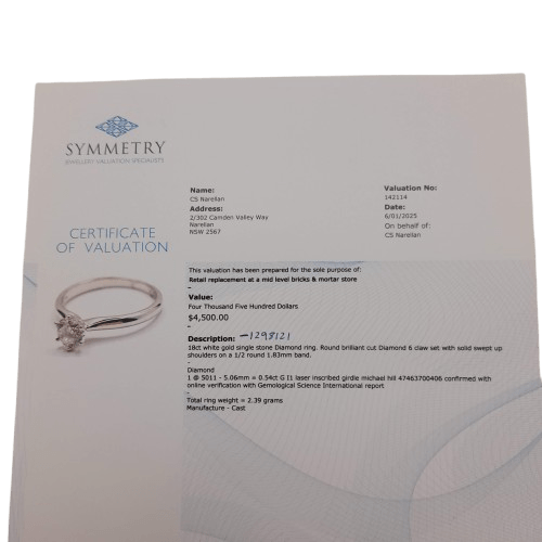 Ladies 18ct White Gold Round Ring with Round Brilliant Diamond 6 Claw Set TDW 0.54ct K 5 1/2 With Valuation