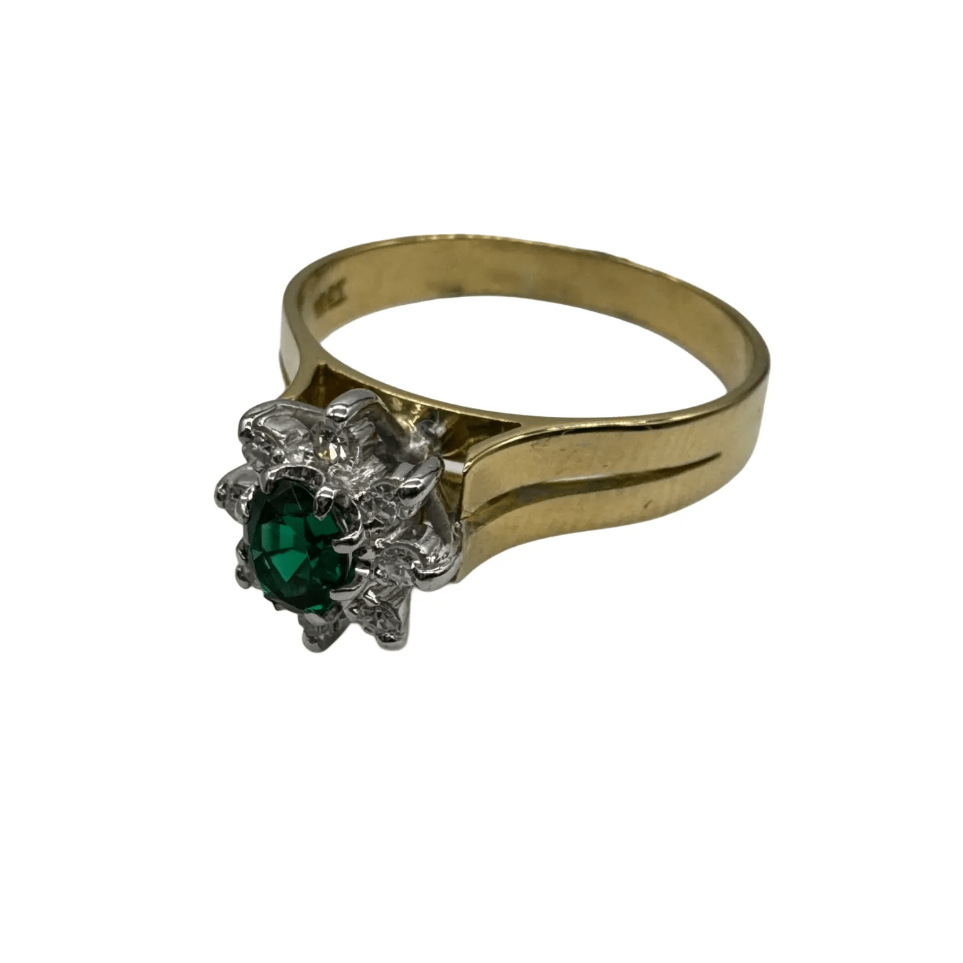 Ladies 18ct Yellow & White Gold 9 Stone Synthetic Emerald & Diamond Cluster Ring 0.12ct TDW S 9 1/2 With Valuation (WR 1306611)