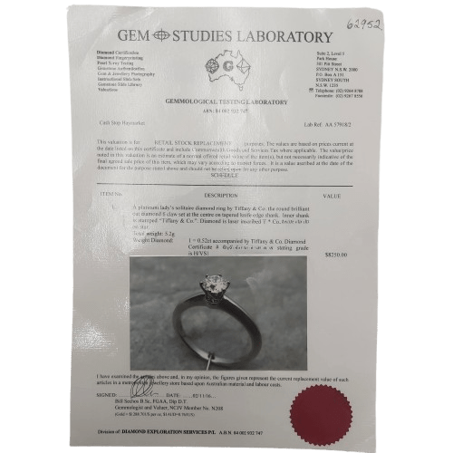 Tiffany & Co. Platinum Solitaire Ring – 0.52ct H/VS1 Diamond – Size 51 – Valued at $8,250 – With Certificate