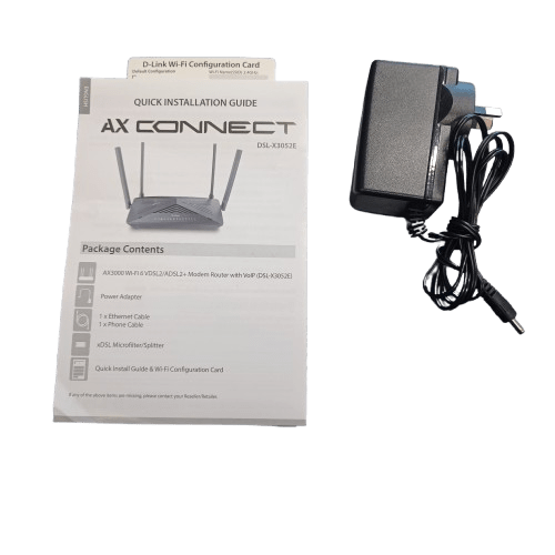 D-Link AX3000 Dual Band WiFi 6 VoIP Modem Router DSL-X3052E, Black, Very Good Condition, With AC Adaptor, Manual + Wifi Config Card (LE 1356401)