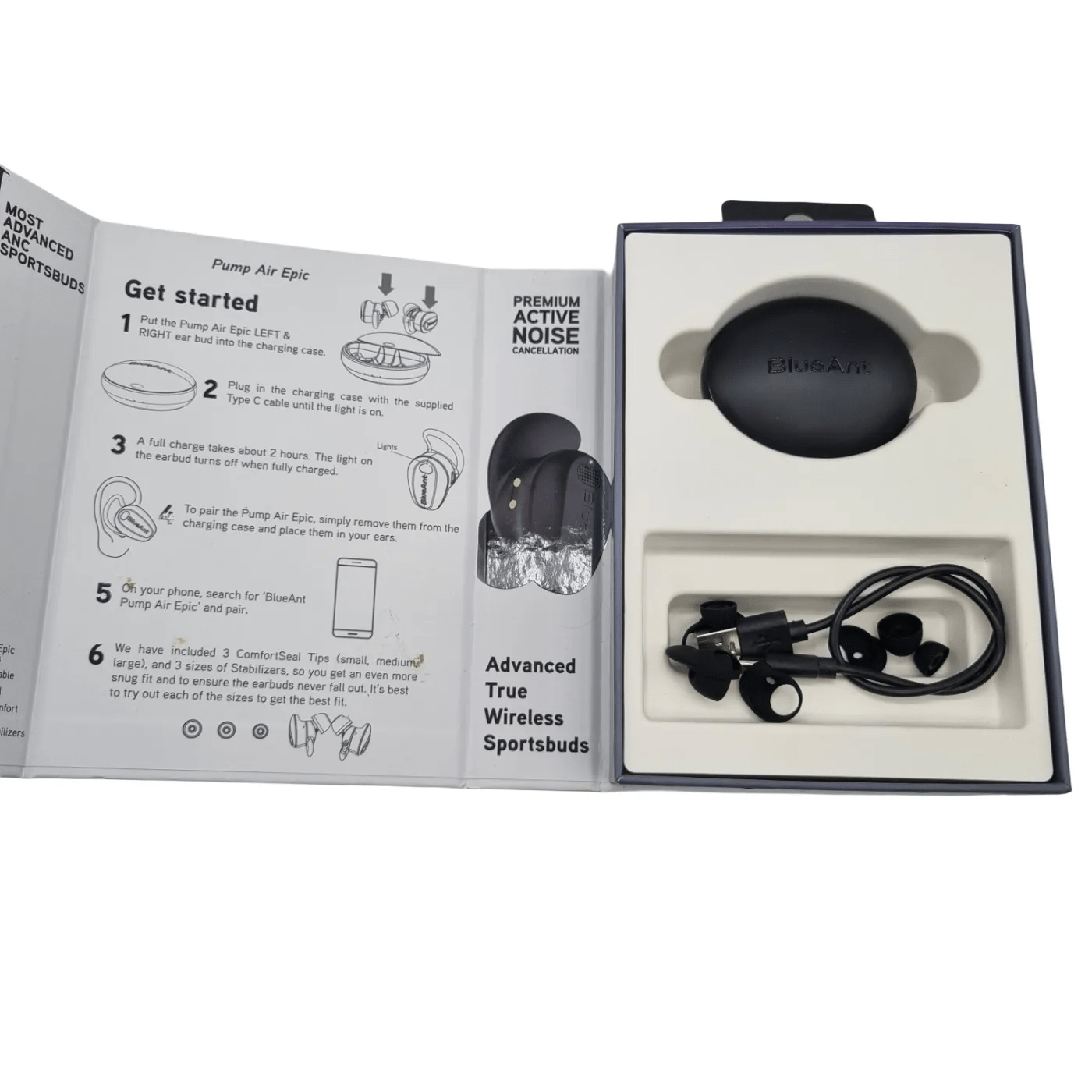 BlueAnt Pump Air Epic ANC In-Ear Headphones (Black) Used In Box + Charger + Spare Buds (WR 1350456)