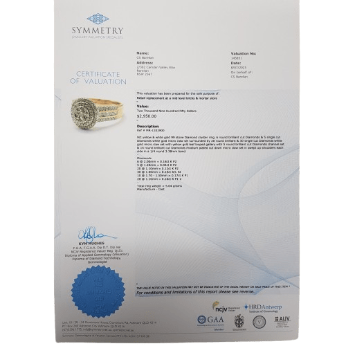 Ladies 9ct Yellow & White Gold Brilliant Cut Diamond Cluster and Channel Set Ring 0.82ct TDW P With Valuation