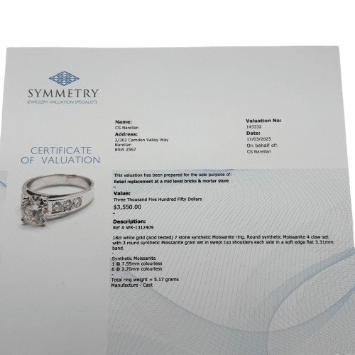 Ladies 18ct White Gold 7 Stone Synthetic Moissanite Ring K 5 1/2 With Valuation (WR 1312409)