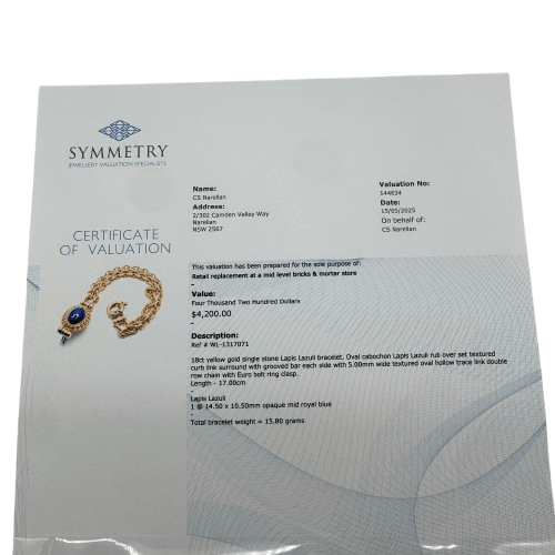 Ladies 18ct Yellow Gold Single Stone Lapis Lazuli Bracelet 17cm with Valuation – WL 1317071