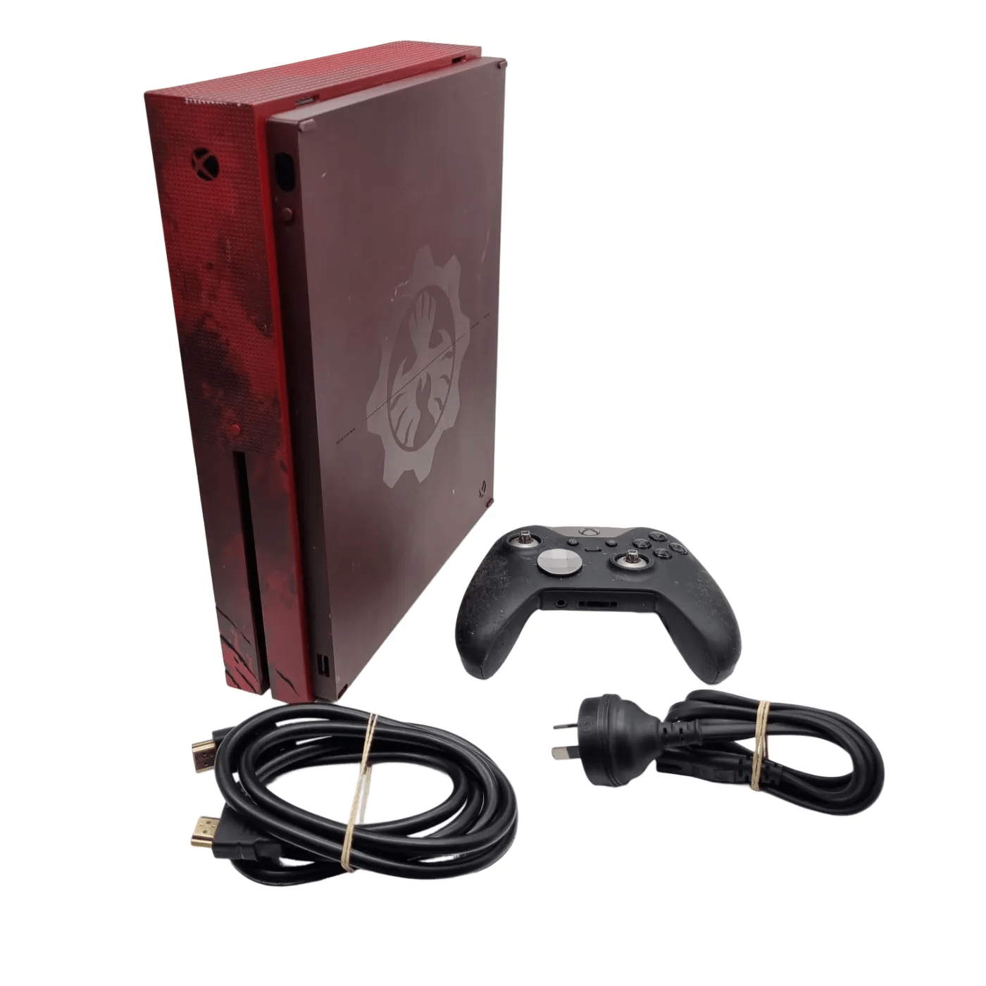 Microsoft Xbox One S – All‑Digital Edition (Model 1681, Crimson Red)+ Power Cable+ HDMI Cable+ Controller (controller missing back) (WR 1351343)