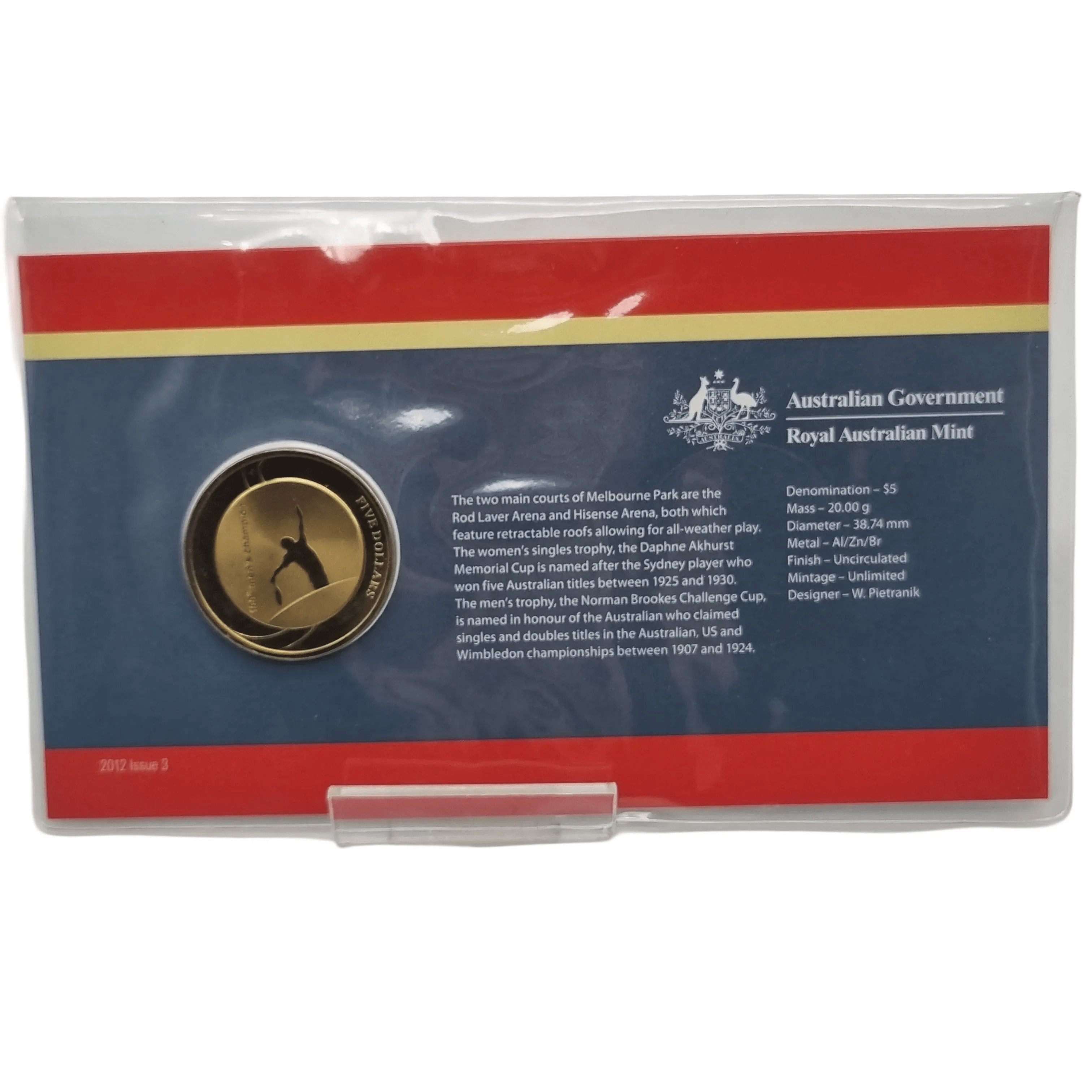 2012 Australian Open Tennis 100th Men’s Champion Five Dollar Bronze Uncirculated Coin