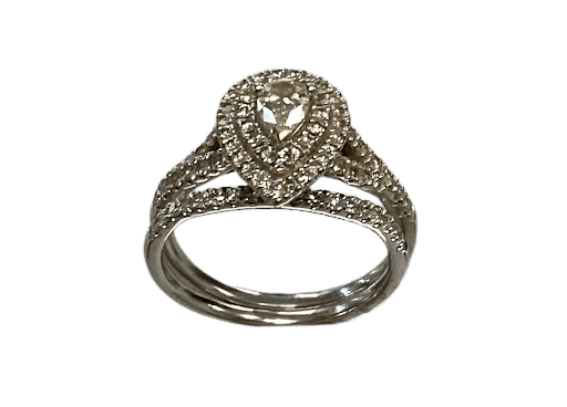 Ladies 14ct White Gold 76 Stone Diamond Pear Shape V Cap 2 Ring Set Size O TDW 0.99ct With Valutation Certificate