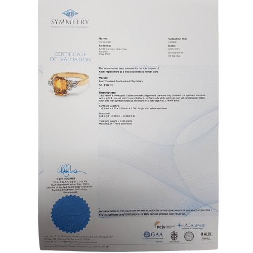 Ladies 18ct Yellow & White Gold Emerald Cut 2.50ct Synthetic Sapphire & Diamond Dress Ring 0.32ct TDW O 1/2 With Valuation