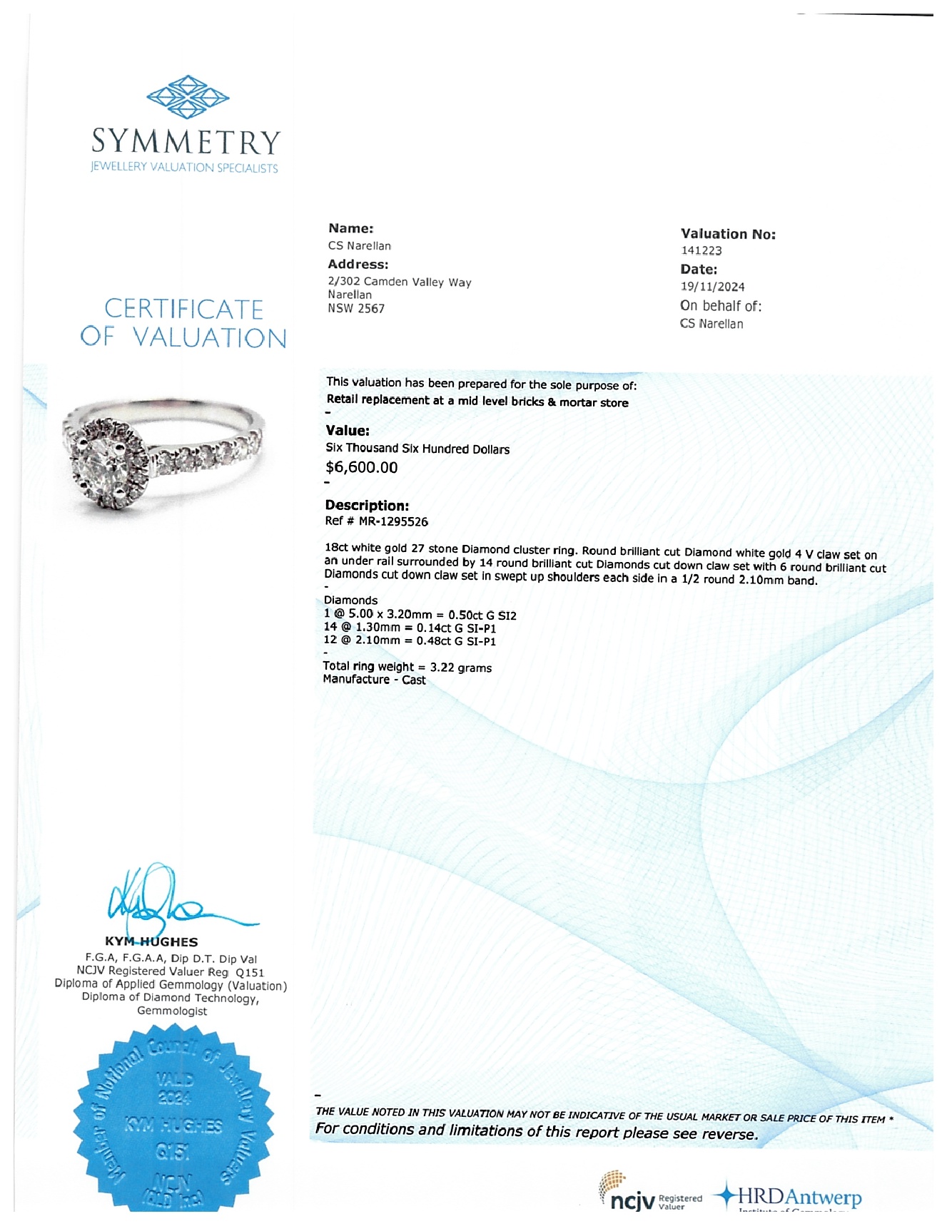 Ladies 18ct White Gold 27 Stone Round Brilliant Cut Cluster Diamond Ring TDW 1.12ct Size L With Valuation Certificate