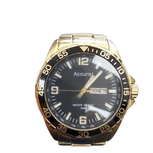 Men’s Accurist Watch MB1044B, Analogue, Black Dial, Gold Case, Good Condition, Some Scratching, No Box