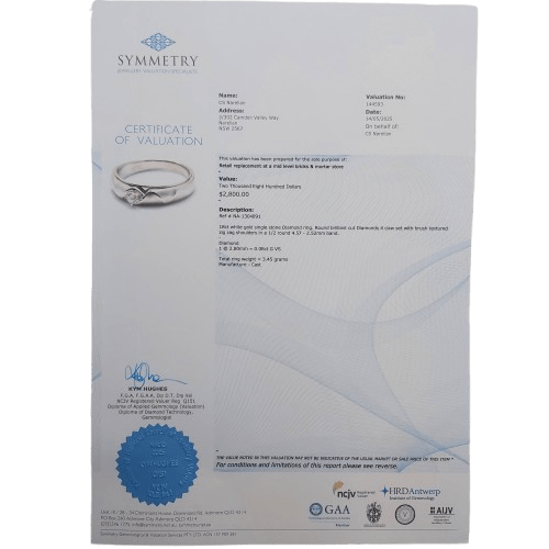 18ct White Gold Single Round Brilliant Cut Diamond Ring, Brushed Zigzag Band, 0.08ct TDW, Size N – With Valuation