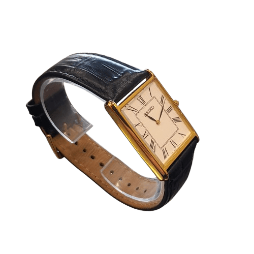 Classic Dress Men’s Roman Seiko Gold Black Strap Watch