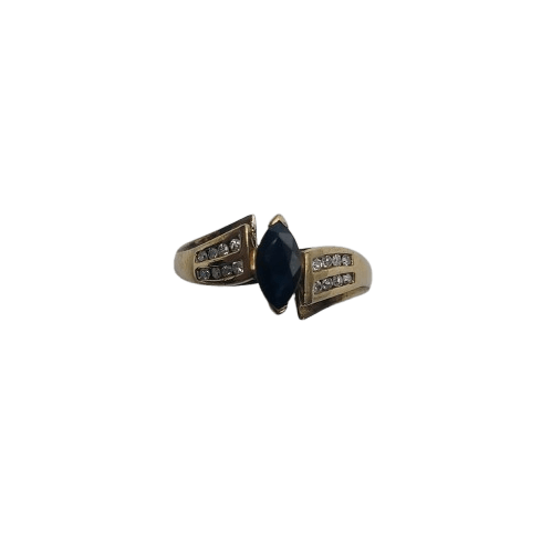 Ladies 9ct Yellow Gold Ring 2.7g with Black/Dark Blue Sapphire and Diamonds
