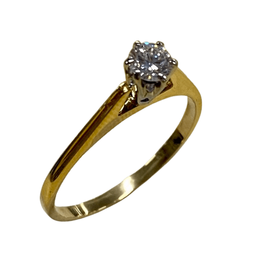 Ladies 18ct Yellow & White Gold Single Stone Diamond Ring. Round Brilliant Cut Diamond White Gold 6 Claw Set With Tapered Pierced Out Collet On Flat Yellow Gold Under Rail With Grooved Swept Up Shoulders. TDW 0.55ct. Size H/4.5, With Valuation Certificate (NG 63624)