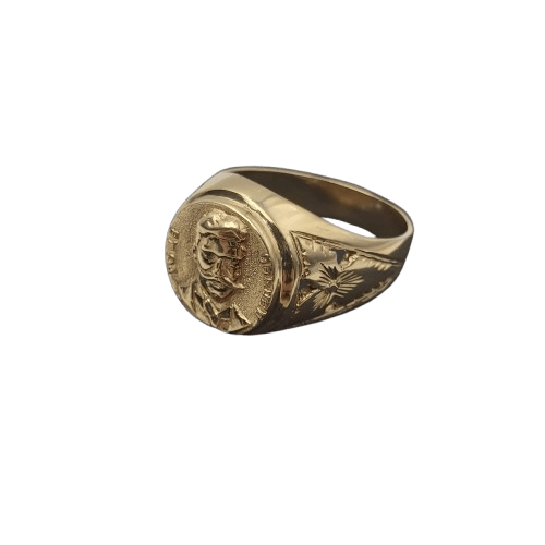 14ct Yellow Gold Men’s Ring – 8.2g – Round Face with Leaf Shoulder Design – Size W