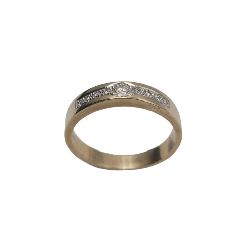 9ct Yellow Gold Round Ring – 3.6g – 1x 0.07ct & 6x 0.01ct Diamonds – White Gold Channel Setting – Size 58