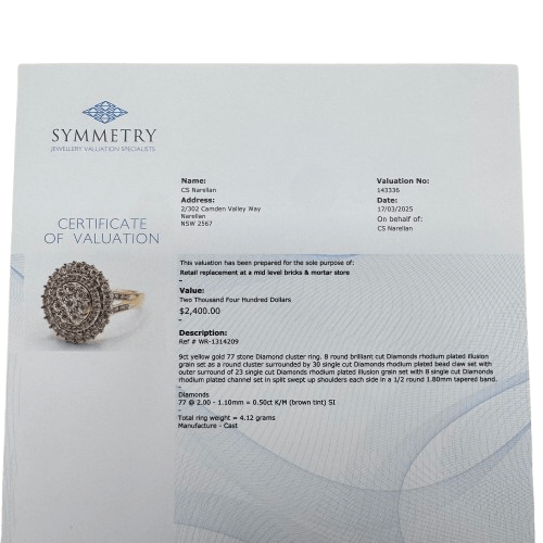 Ladies 9ct Yellow Gold 77 Stone Diamond Cluster Ring 0.50ct TDW O 7 1/2 With Valuation (WR 1314209)