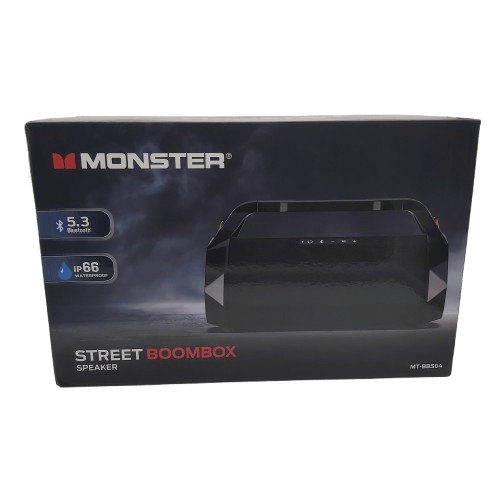 Monster Street Rechargeable Boombox MT-BBS04, Black, Like New, With Box, Manual, Strap, USB Cable + AUX Cable (CP 1355078)