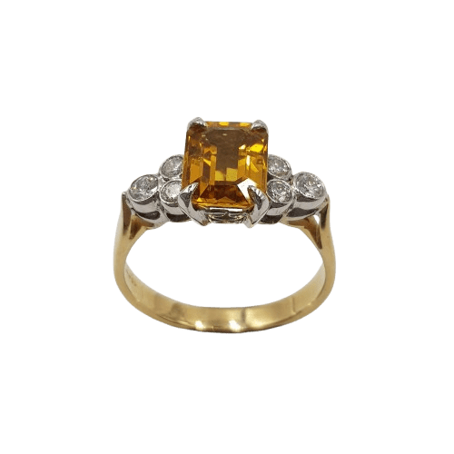 Ladies 18ct Yellow & White Gold Emerald Cut 2.50ct Synthetic Sapphire & Diamond Dress Ring 0.32ct TDW O 1/2 With Valuation