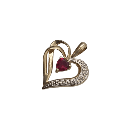 9ct Yellow Gold Heart Pendant – 1.33g – Red Heart Stone & 3x 0.01ct Clear Stones
