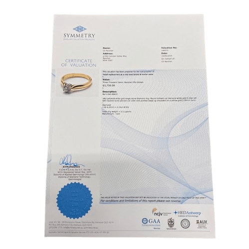 Ladies 18ct White & Yellow Gold Stone Diamond Ring. Single Round Brilliant Cut White Gold 6 Claw Set With Tapered Scroll Pierced Out Collet With Pointed Swept Up Shoulders. TDW 0.31ct. Size M/6.5, With Valuation Certificate (NG 99365)
