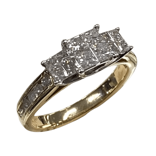 Ladies 14ct Yellow Gold, 4 Princess Cut Diamonds Invisible Set With 4 White Gold Princess Cut Invisible Set Each Side And 5 Round Brilliant Channel Set In Shoulders Each Side. TDW 1.00ct, Size L. With Valuation Certificate.