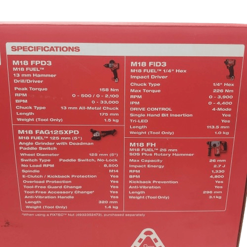 Milwaukee M18FPP4A3503B 18V 5.0Ah Li-ion Cordless FUEL 4pce Combo Kit Power Pack (NA – 1354458)
