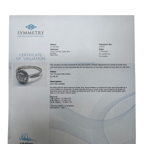 Ladies 9ct White Gold 65 Brilliant & Single Cut Diamond Cluster Ring 0.66ct TDW O 1/2 7 With Valuation (WR 1285586)