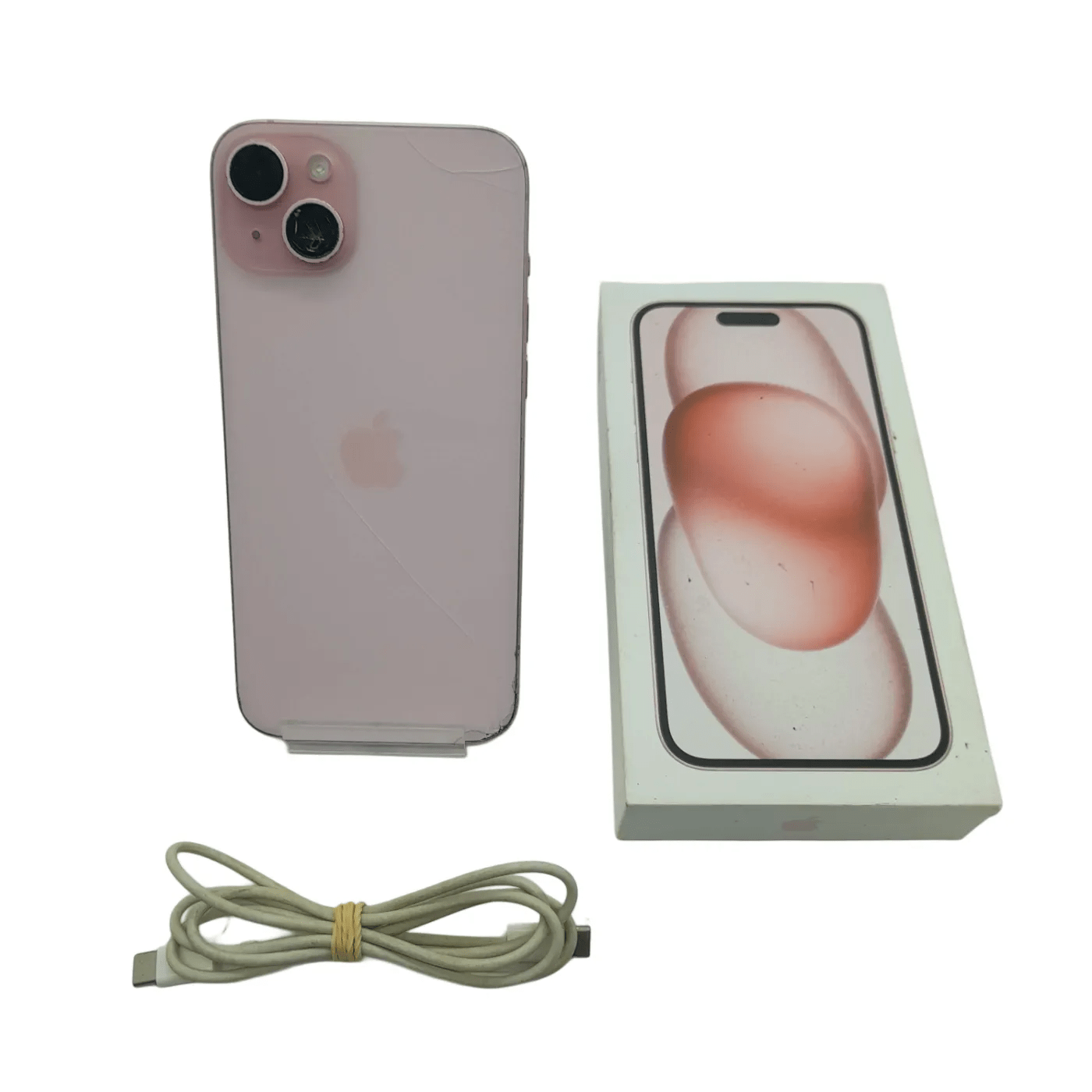 Apple iPhone 15 Plus 128GB A3094 Mobile Phone + Box + USB *Cracked Camera & Back* – Battery Capacity: 89%