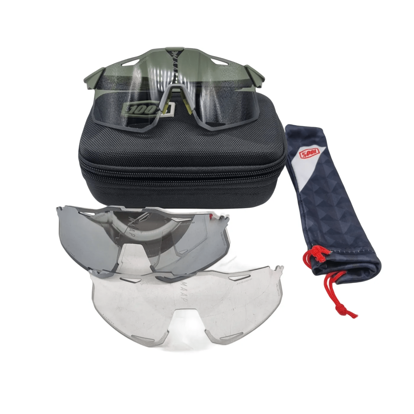 MAAP x 100% Hypercraft Sunglasses – Forest Green + Case + Bag + 2 Spare Lenses (WR 1354829)