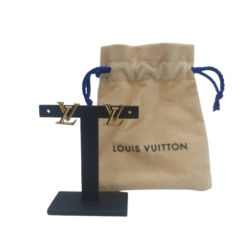 Louis Vuitton Iconic Earrings – Gold-Tone Studs with LV Initials and Soft Pouch