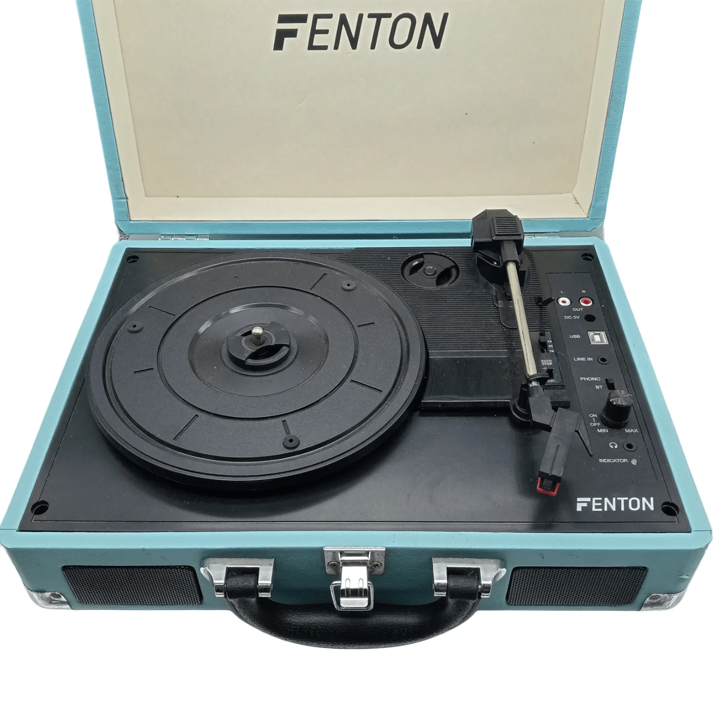 FENTON RECORD PLAYER RP115 BLUE/BLACK RECORD PLAYER BRIEFCASE +ADAPTER +USB    (WR 1340959)