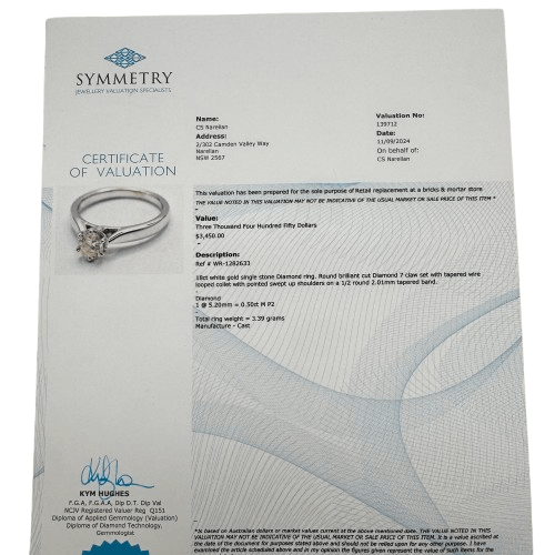 Ladies 18ct White Gold Single Diamond Stone Engagement Ring 0.50ct TDW K 5 1/2 With Valuation (WR 1282633)
