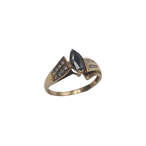 Ladies 9ct Yellow Gold Ring 2.7g with Black/Dark Blue Sapphire and Diamonds