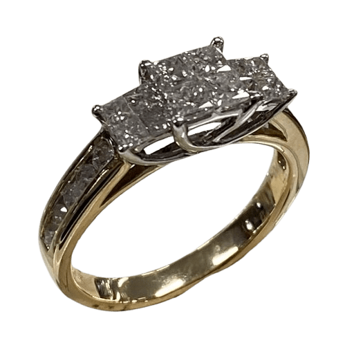 Ladies 14ct Yellow Gold, 4 Princess Cut Diamonds Invisible Set With 4 White Gold Princess Cut Invisible Set Each Side And 5 Round Brilliant Channel Set In Shoulders Each Side. TDW 1.00ct, Size L. With Valuation Certificate.