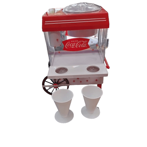 Nostalgia Coca-Cola Snow Cone Maker, Red + White, USA PLUG 110V With 2x Snowcone Holders, Scoop, Side Tray, Box