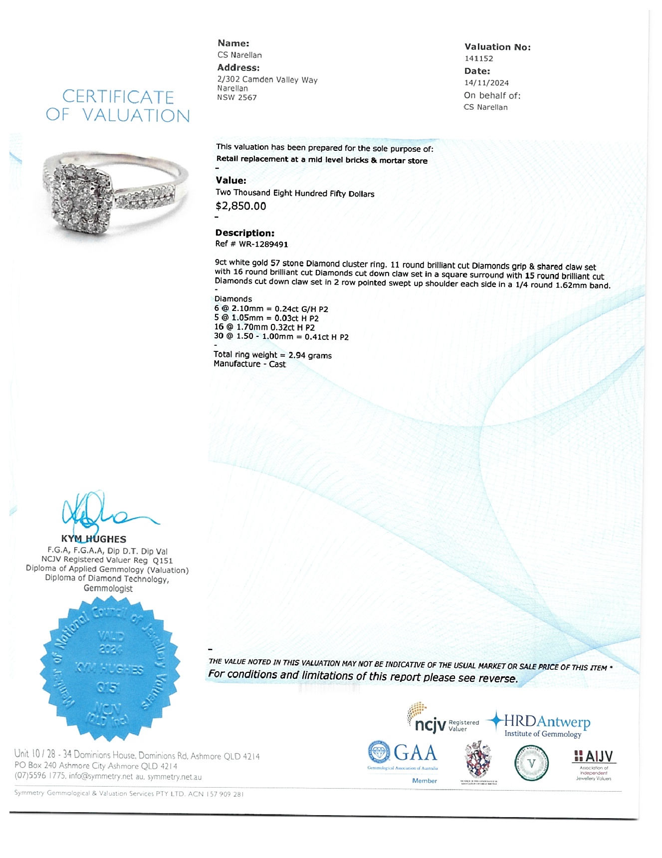 Ladies 9ct White Gold 57 Diamond Cluster Ring TDW 1.0ct Size Q
